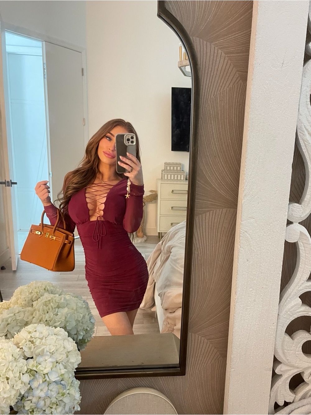 🪞Ruched Long-Sleeve Lace-Up Fushia/Deep Purple Dress in Burgundy XS- never worn!